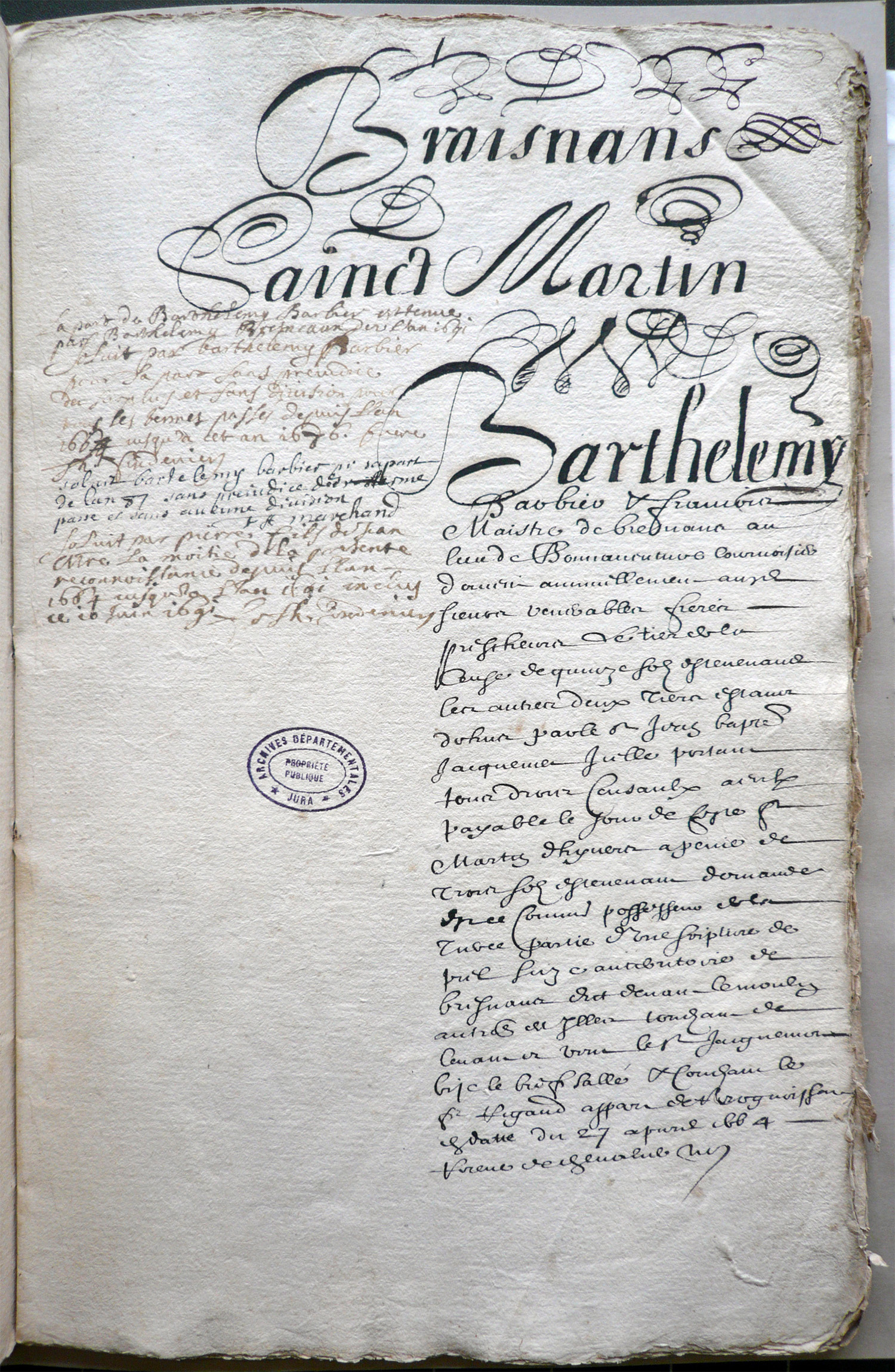 1664 04 27 reconnaissance cens barthelemy barbier francois maitre